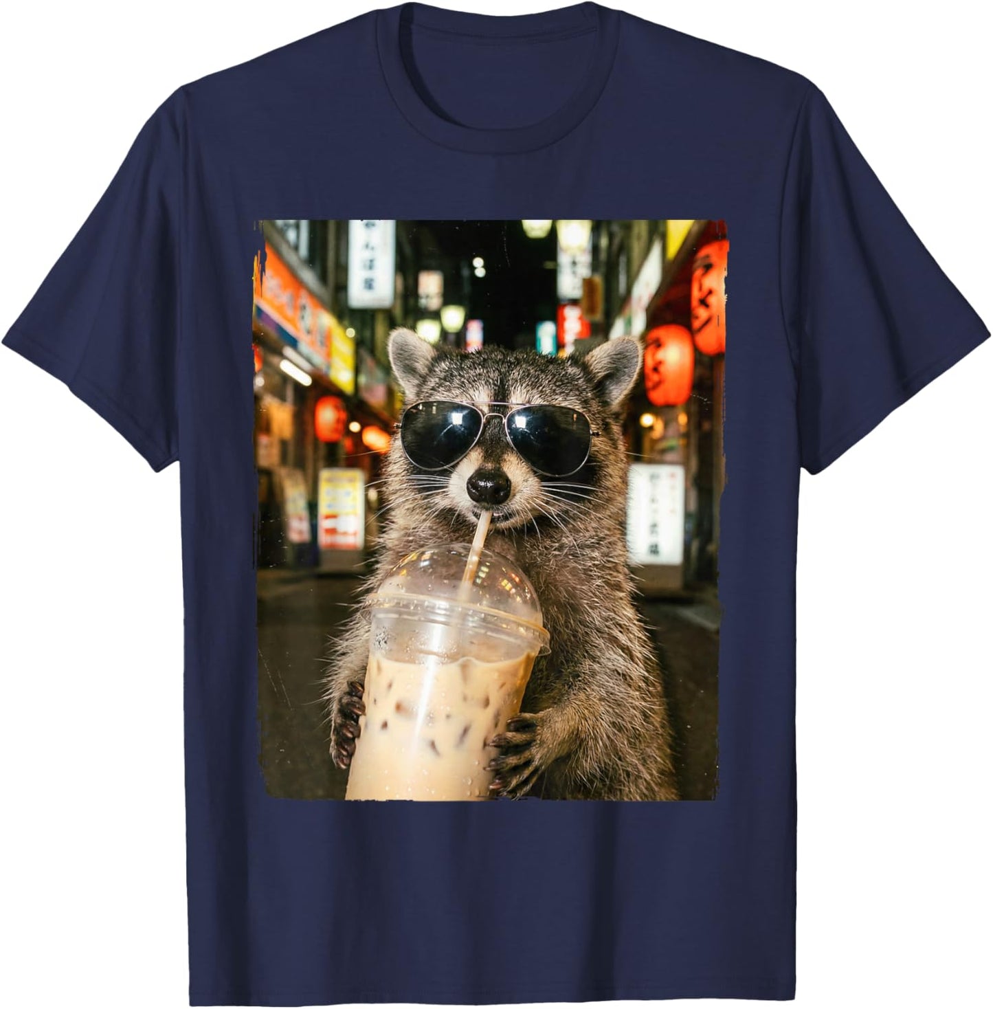 Funny Raccoon Drinking Ice Coffee Men Women Meme T-Shirt - T-Shirt | Navy