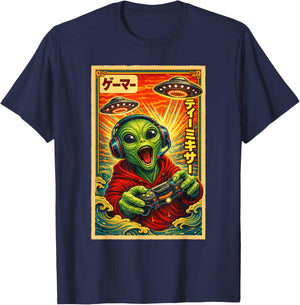 Japanese Retro Vintage UFO Alien Graphic Funny Gamer T-Shirt - T-Shirt | Navy