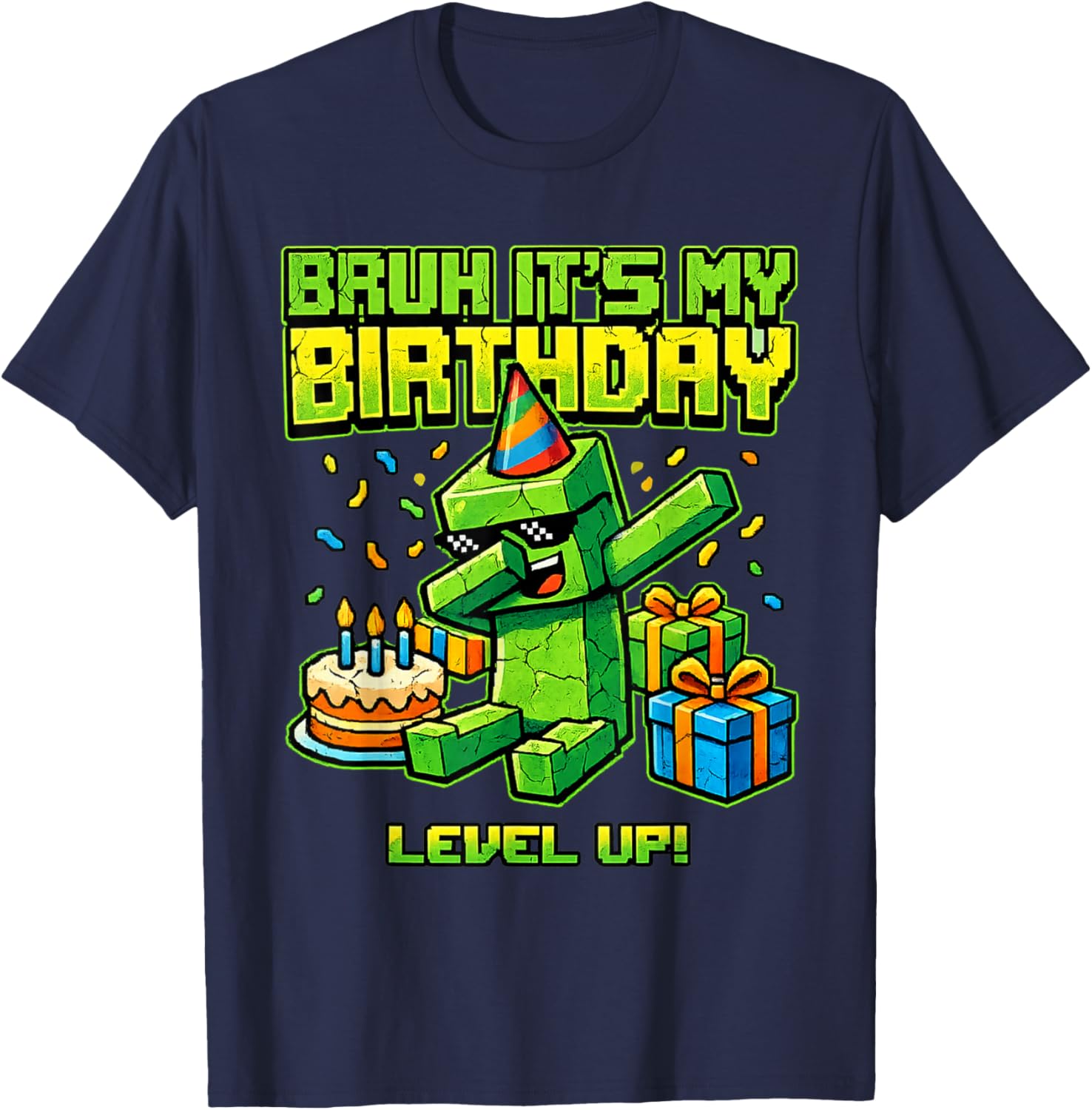 Bruh Its My Birthday Level Up Pixel Gamer Birthday Boys Kids T-Shirt - T-Shirt | Navy