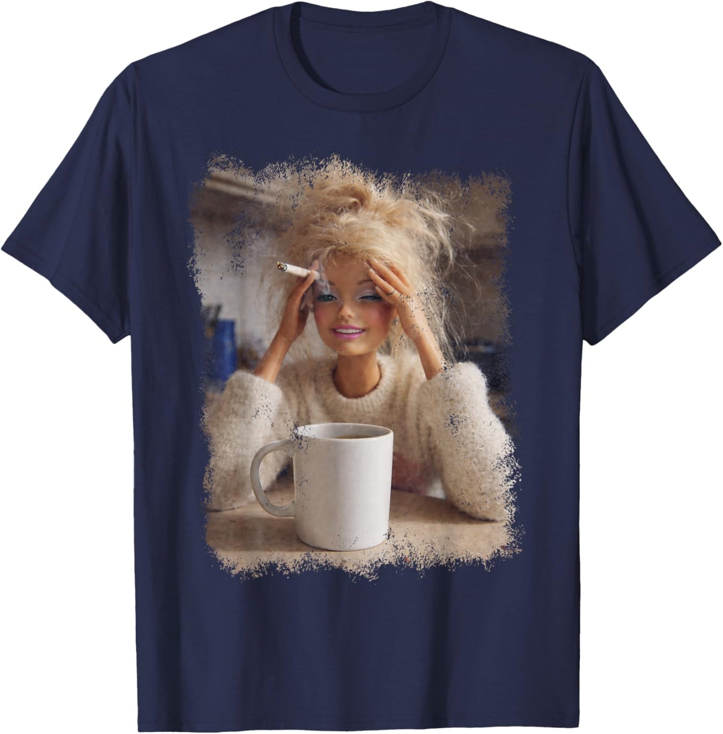 Funny Doll Face Meme Distressed Smoking Doll Meme Hilarious T-Shirt - T-Shirt | Navy