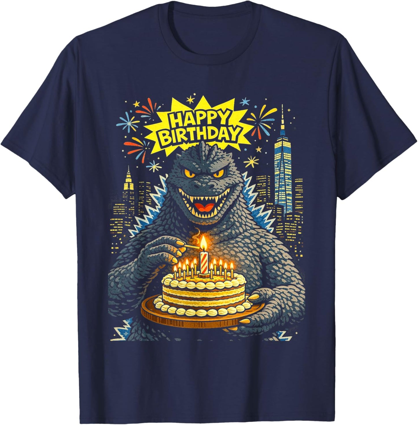 Kaiju Birthday Cake – City Fireworks Party T-Shirt - T-Shirt | Navy