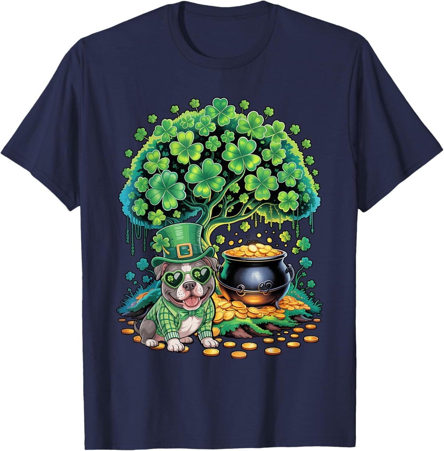 Shamrock Tree Leprechaun Hat Pitbull Dog St Patricks Day T-Shirt - T-Shirt | Navy