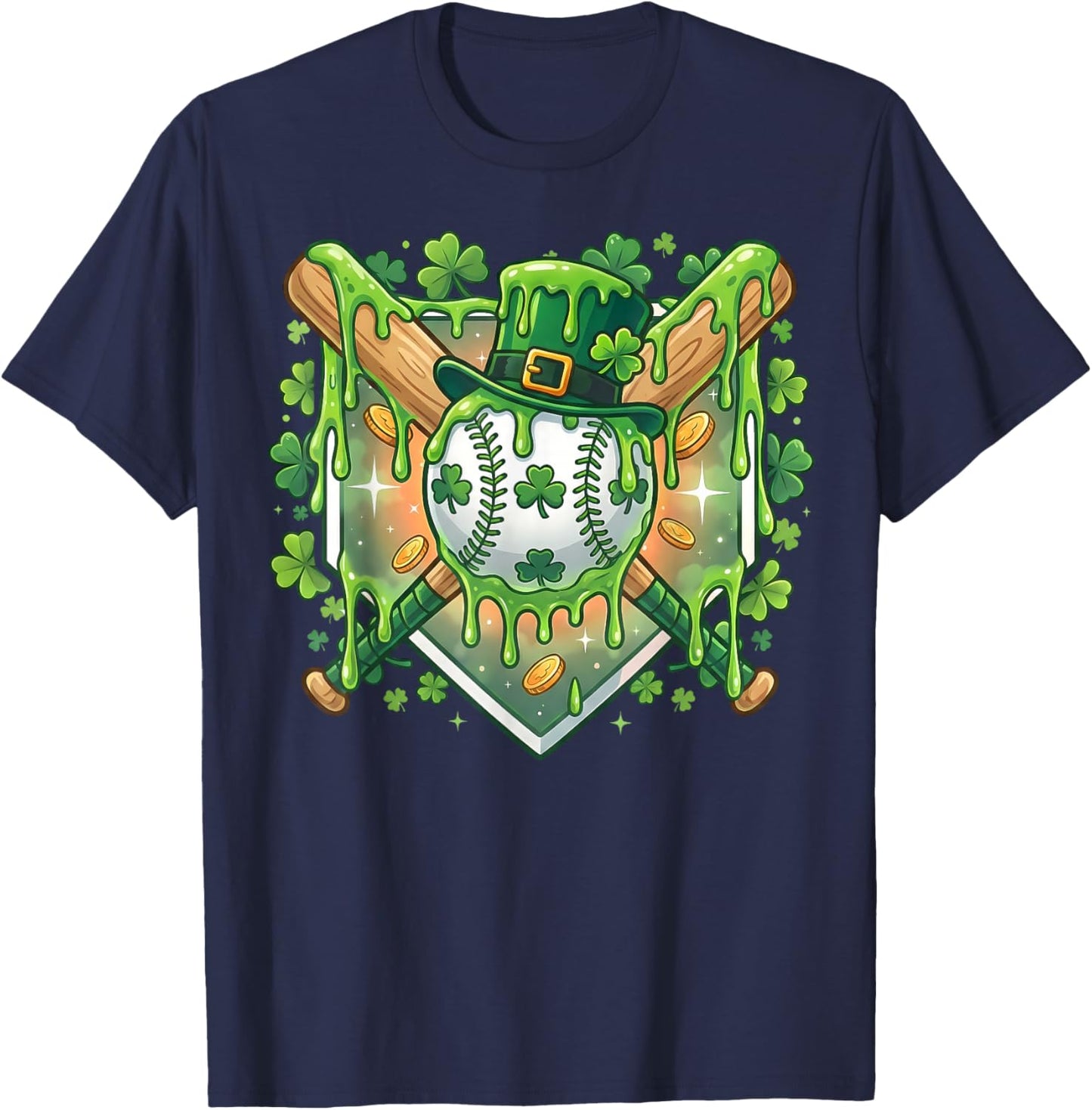 St Patrick Day Baseball Drip Ice Cream Baseball Home Plate T-Shirt - T-Shirt | Navy