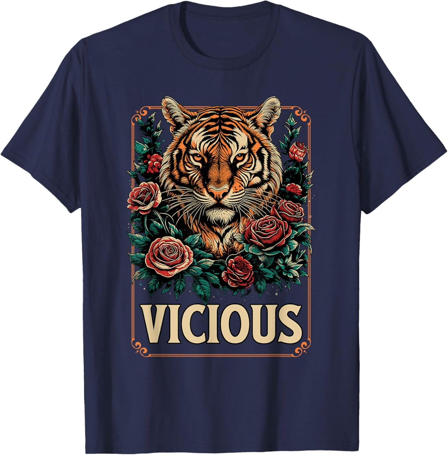 Vicious Tiger Floral Fierce Animal Strength Artwork T-Shirt - T-Shirt | Navy