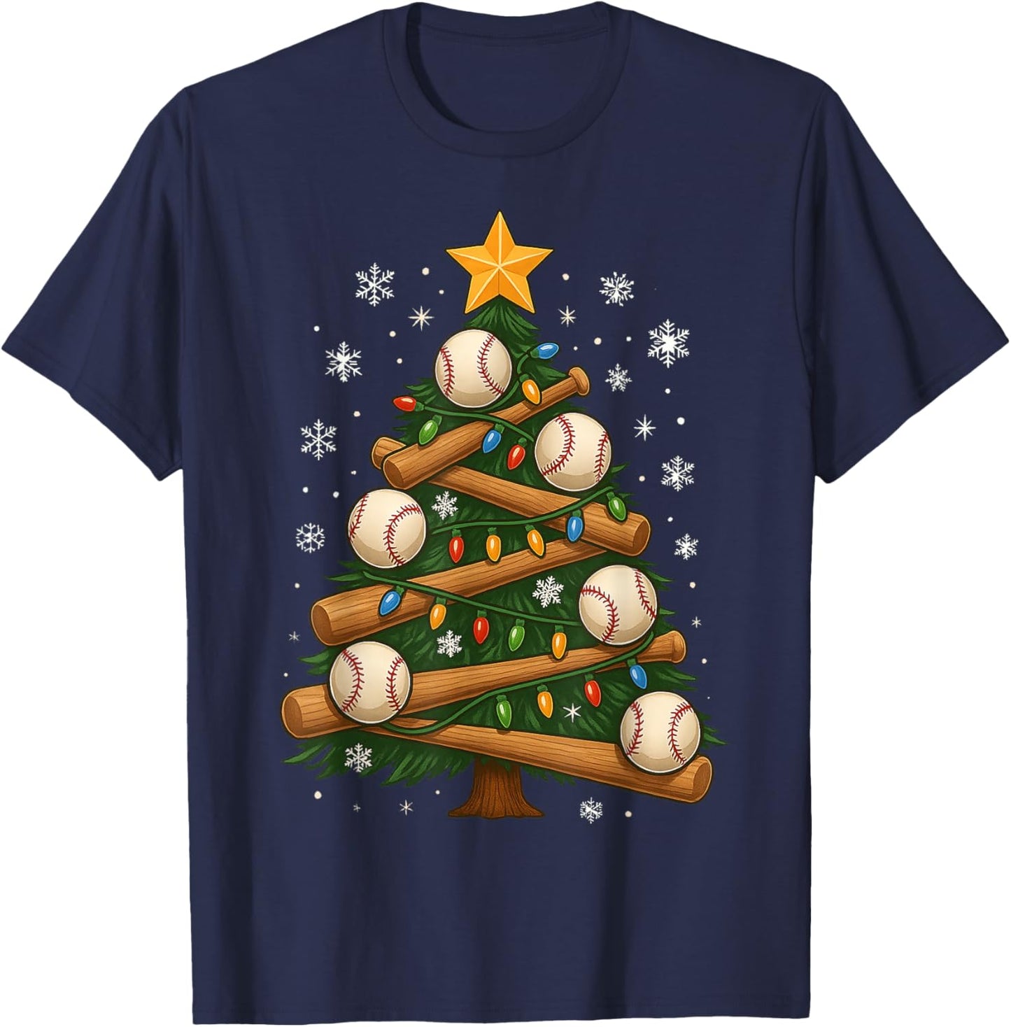 Baseball Bat Christmas Tree Lights Holiday Design Xmas Gifts T-Shirt - T-Shirt | Navy