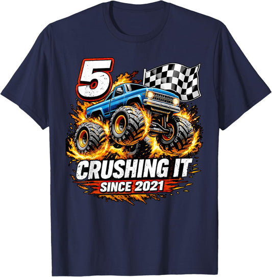 Birthday Monster Truck 5 Year Old Boys 5th Party Born 2021 T-Shirt - T-Shirt | Navy