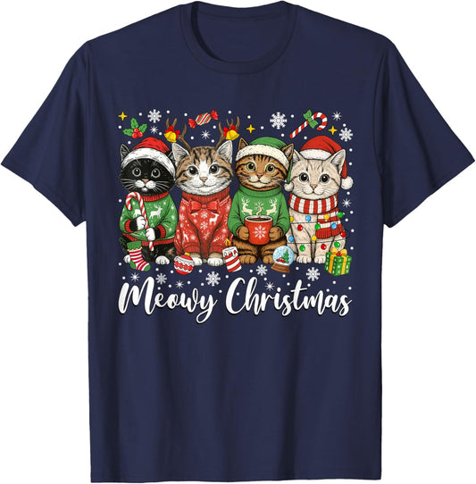 Cute Cats Meowy Christmas Light Santa Hat Merry Catmas Xmas T-Shirt - T-Shirt | Navy