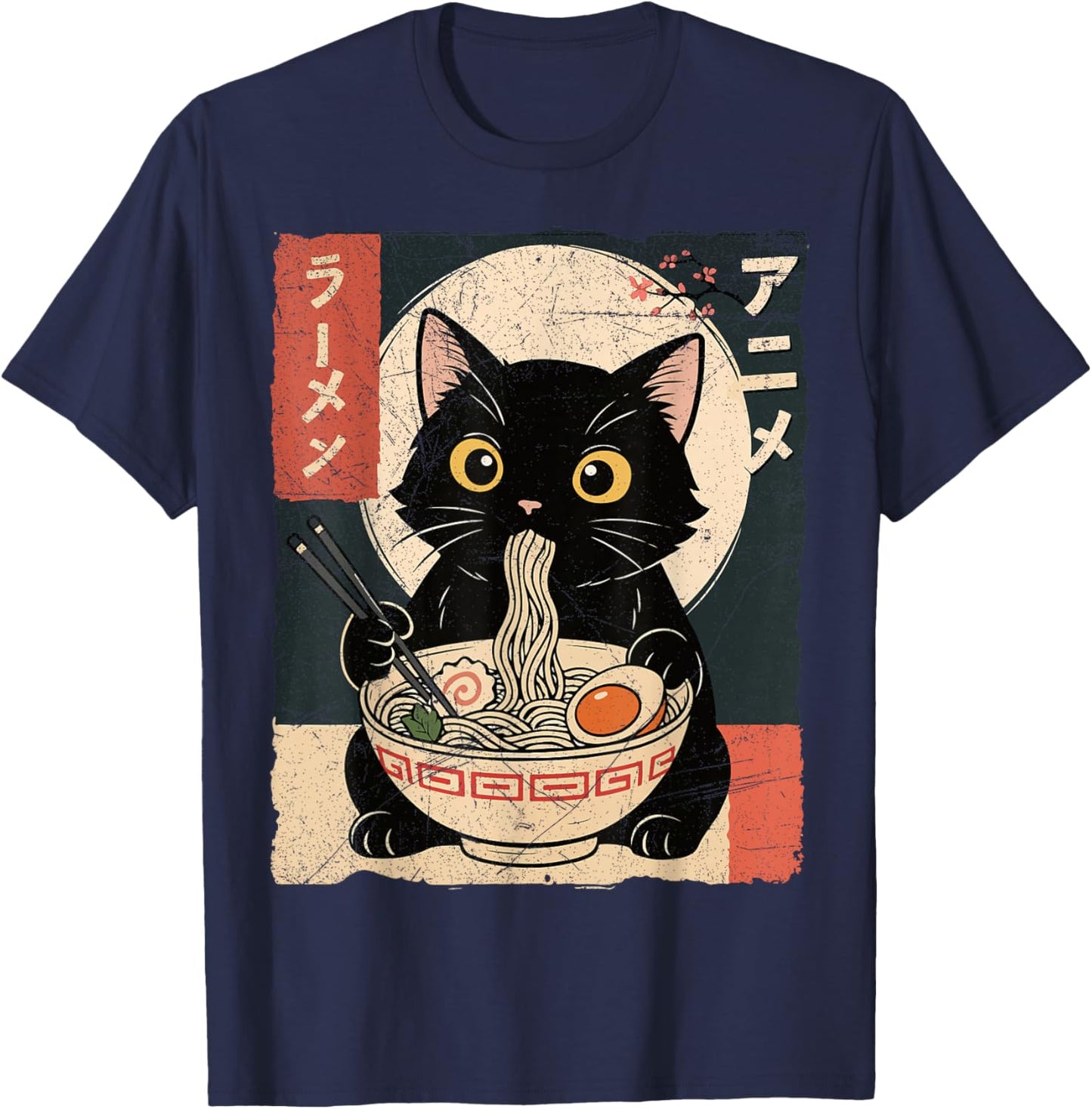 Kawaii Anime Cat Ramen Japanese Graphic Men Women Teens T-Shirt - T-Shirt | Navy