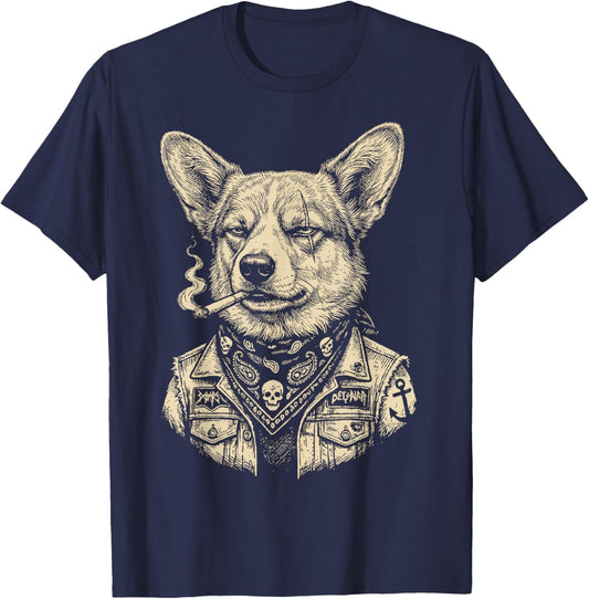 Dog Smoking Cigarette Funny Vintage Corgi Meme T-Shirt - T-Shirt | Navy