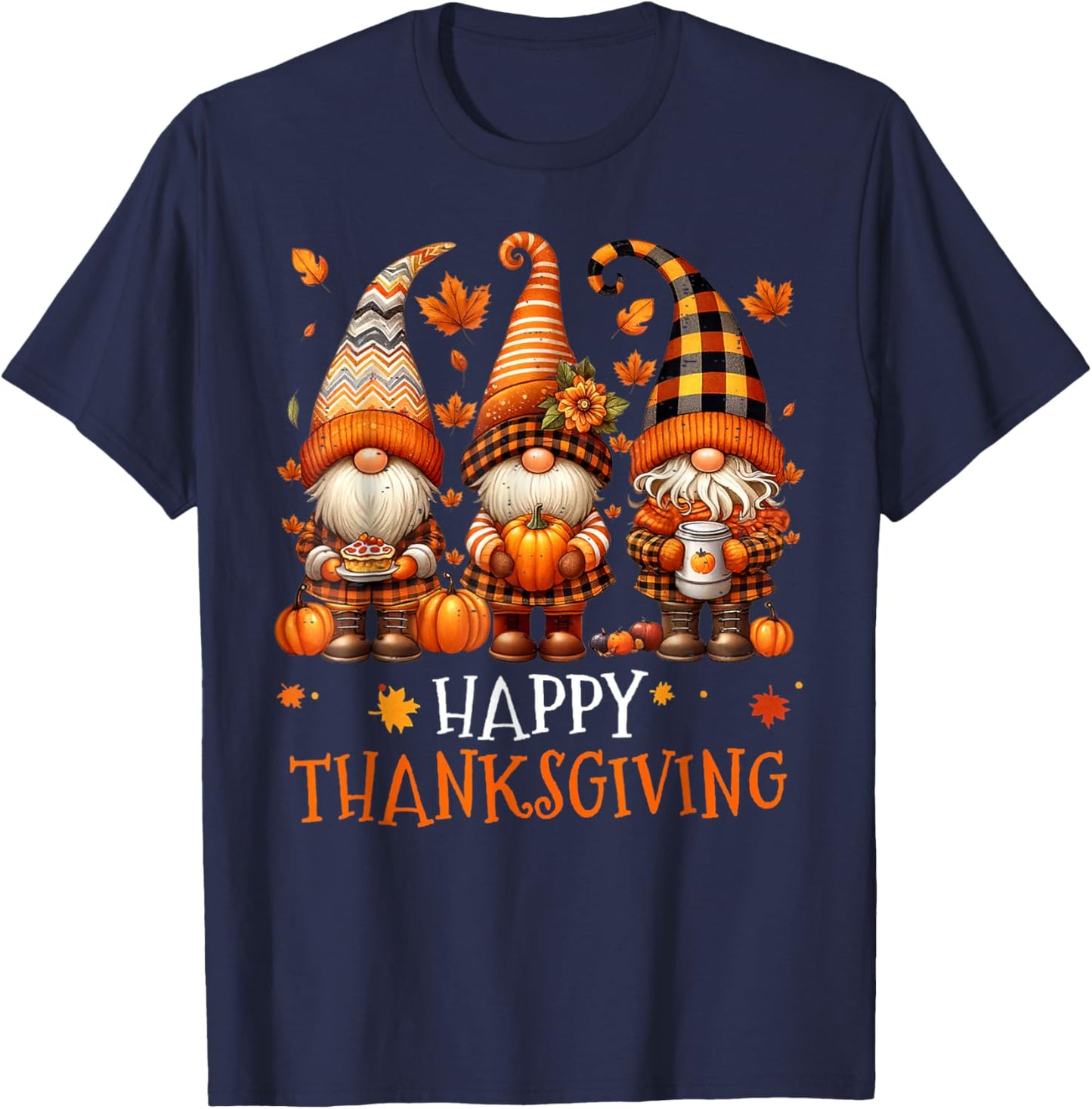 Three Gnomes Happy Thanksgiving Autumn Fall Pumpkin Spice T-Shirt - T-Shirt | Navy