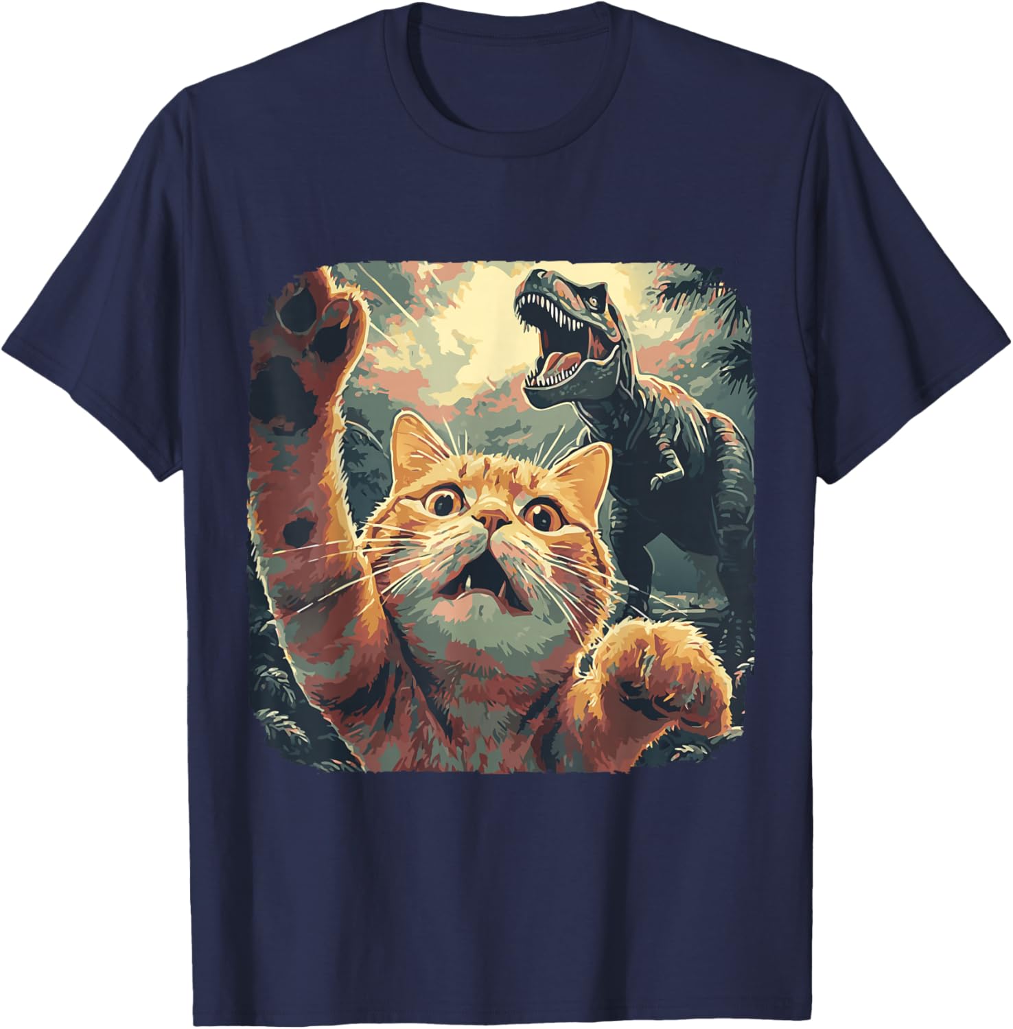 Funny Cat Selfie with T-Rex Dinosaur Cartoon Meme T-Shirt - T-Shirt | Navy