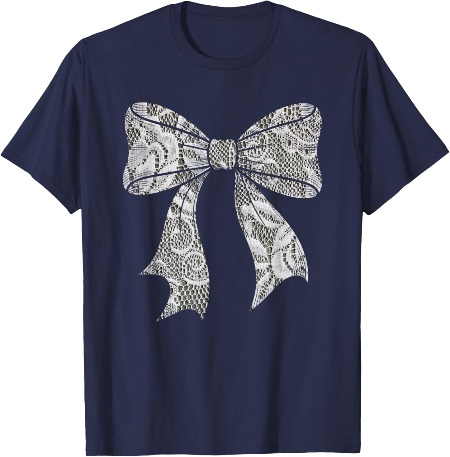 White Lace Bow Vintage Floral Coquette Aesthetic T-Shirt - T-Shirt | Navy