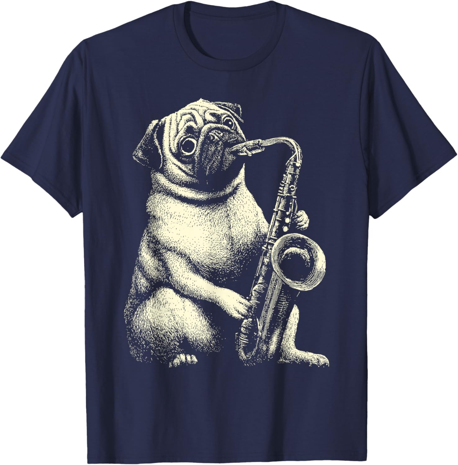 Cute Pug Playing Saxophone Player Funny Jazz Musician Dog T-Shirt - T-Shirt | Navy