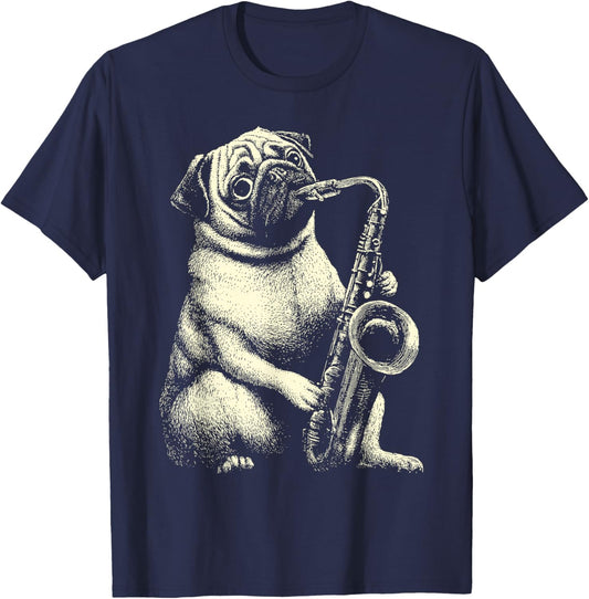 Cute Pug Playing Saxophone Player Funny Jazz Musician Dog T-Shirt - T-Shirt | Navy