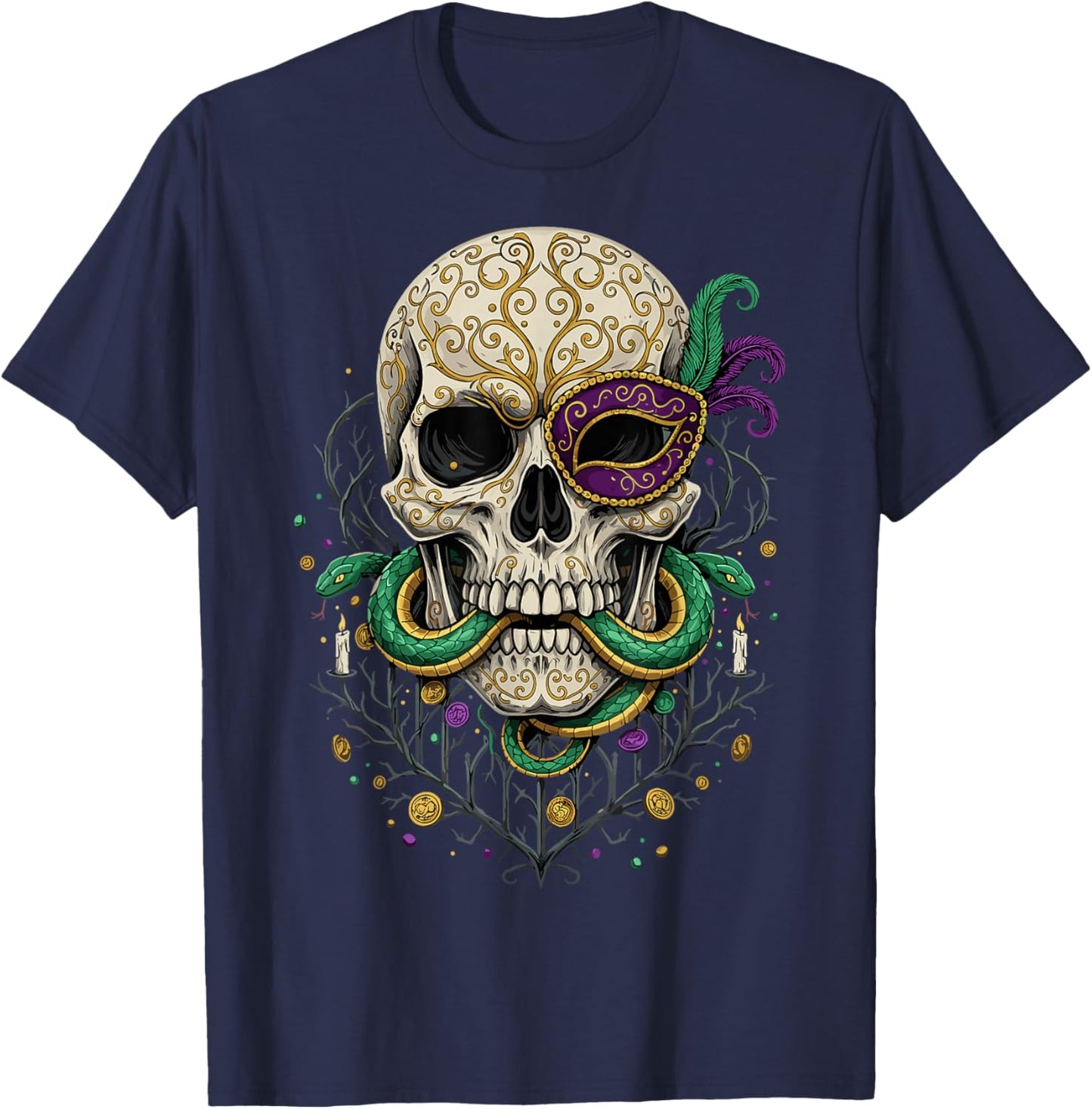 Mardi Gras Skull Snake Masquerade Carnival Party 2026 T-Shirt - T-Shirt | Navy