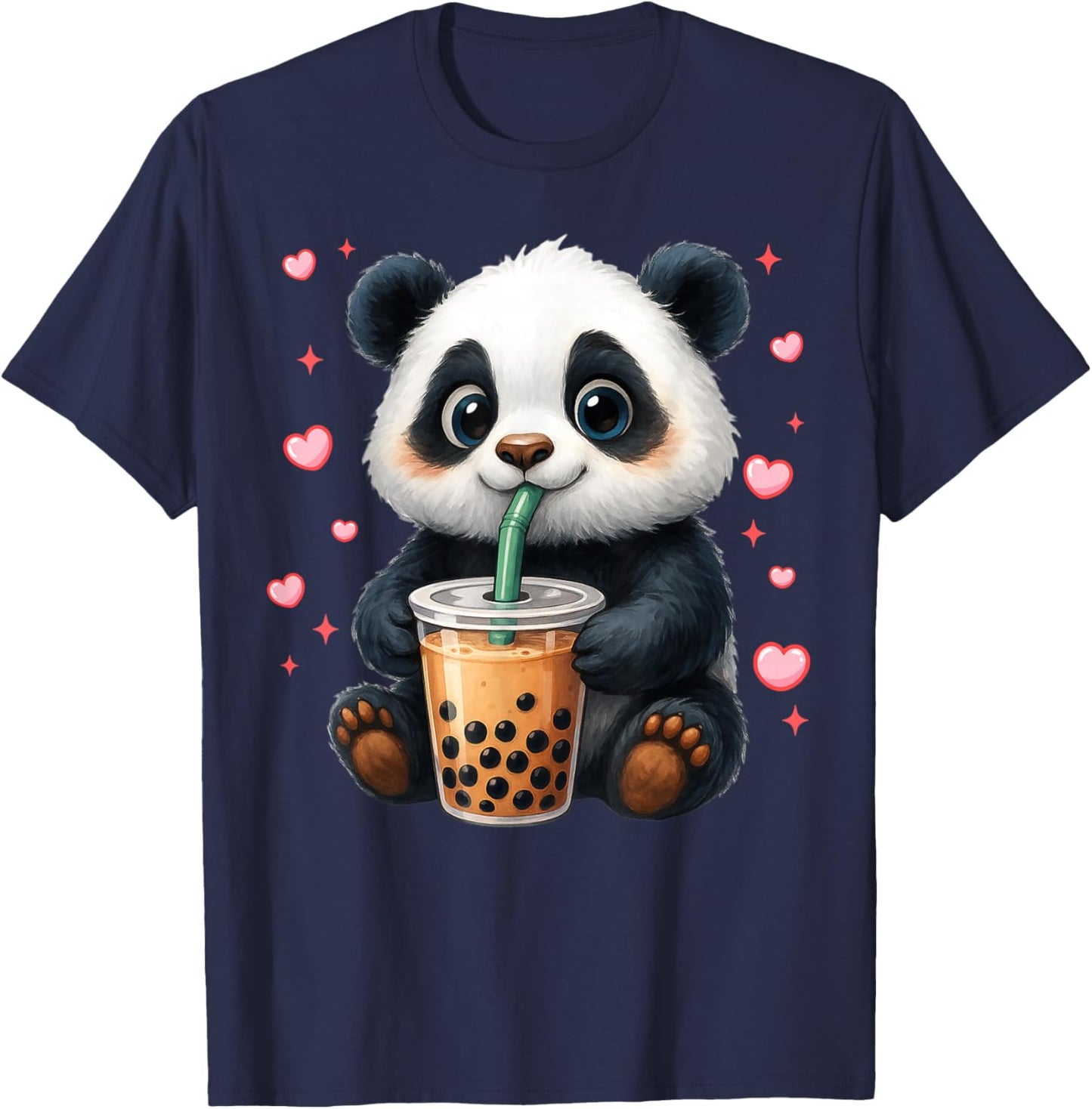 Cute Funny Panda Drink Boba Tea Heart Girl Boy Kid Toddler T-Shirt - T-Shirt | Navy