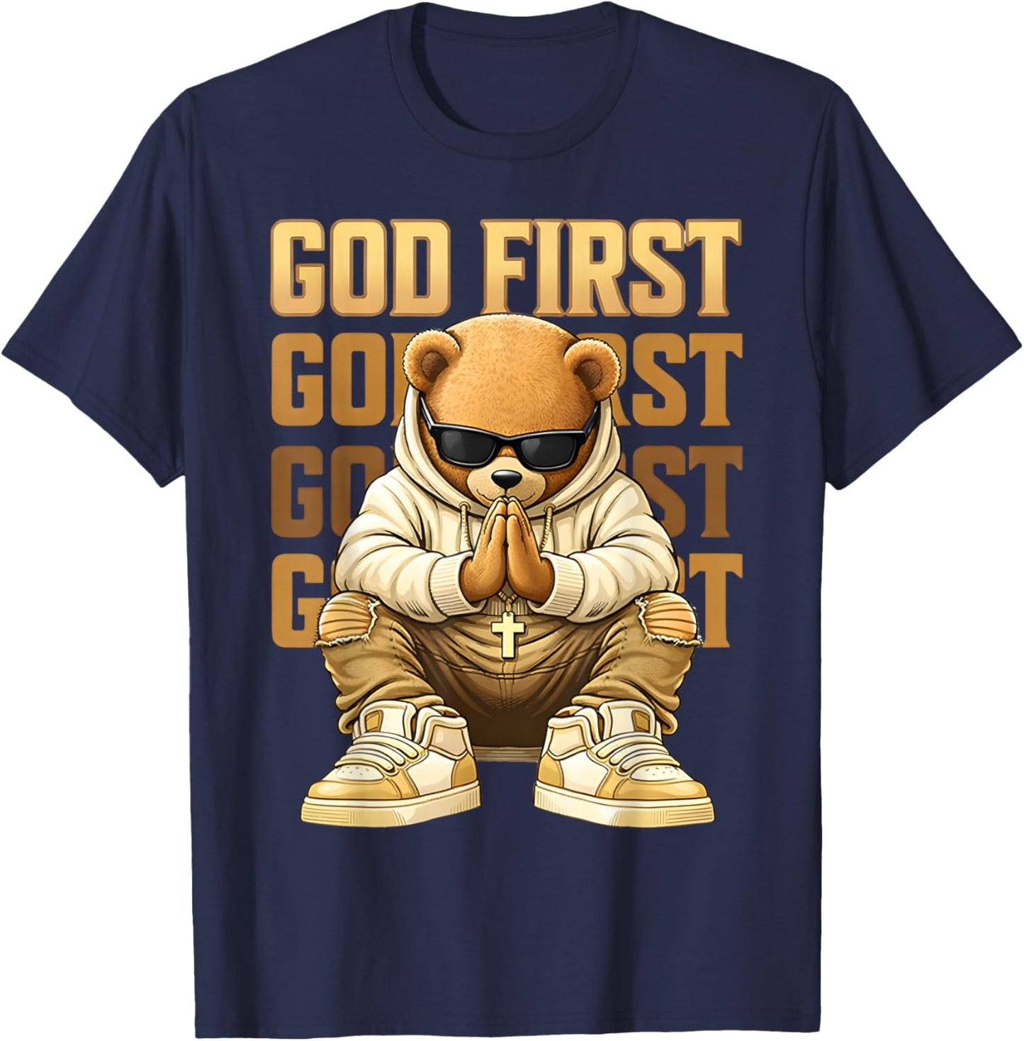 God First Hip Hop Teddy Bear Christian Streetwear Boys Teens T-Shirt - T-Shirt | Navy