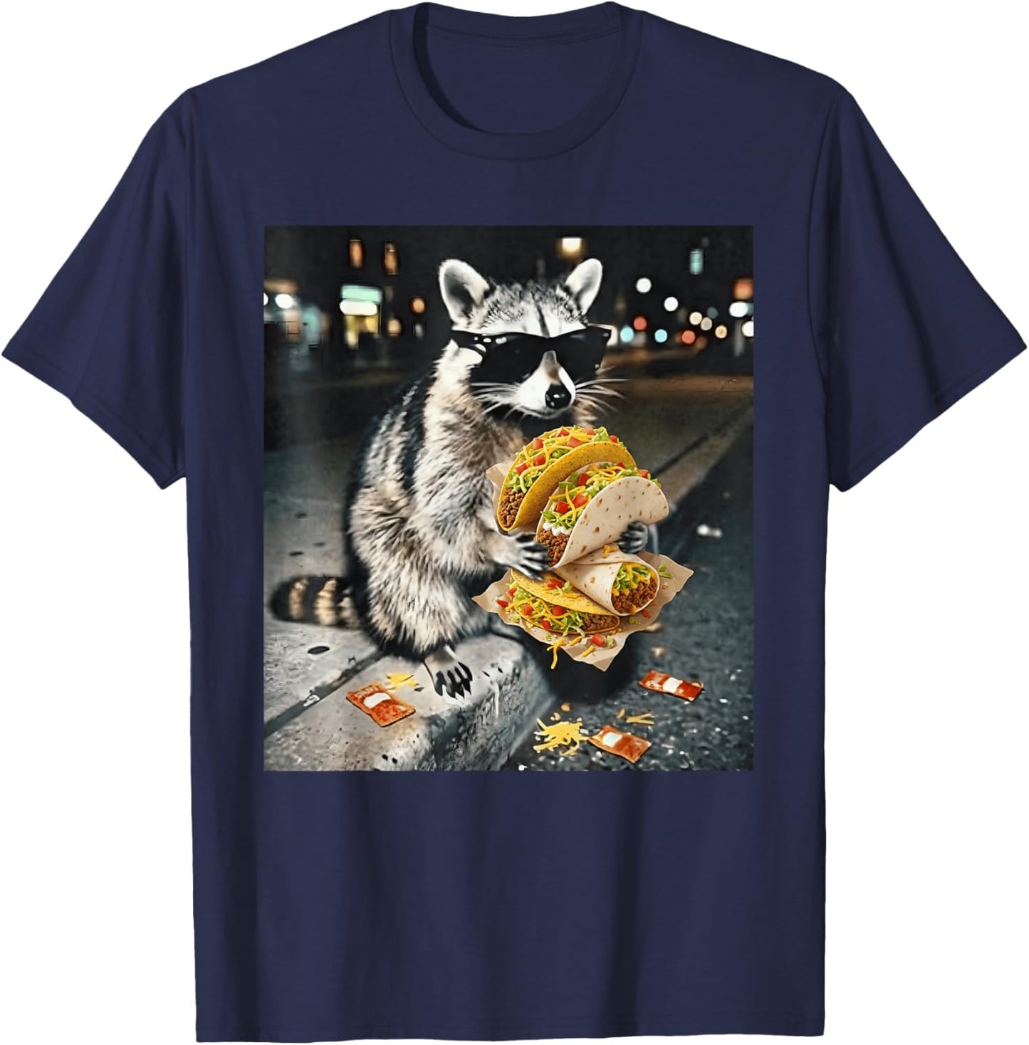 Cool Raccoon in Sunglasses Eating Tacos Street Food Animal T-Shirt - T-Shirt | Navy