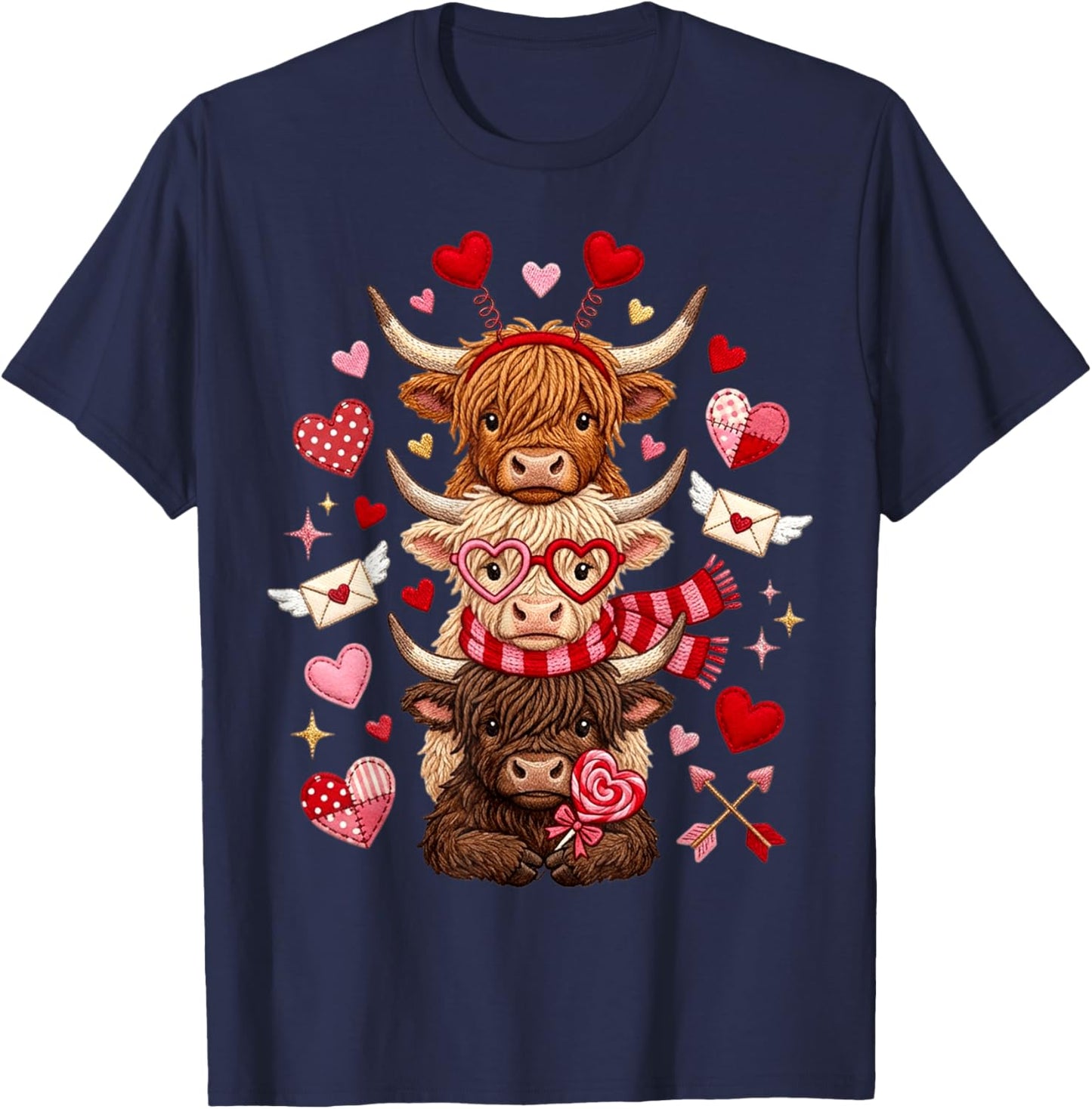 Scottish Cute Western Valentine Highland Cows with Hearts T-Shirt - T-Shirt | Navy