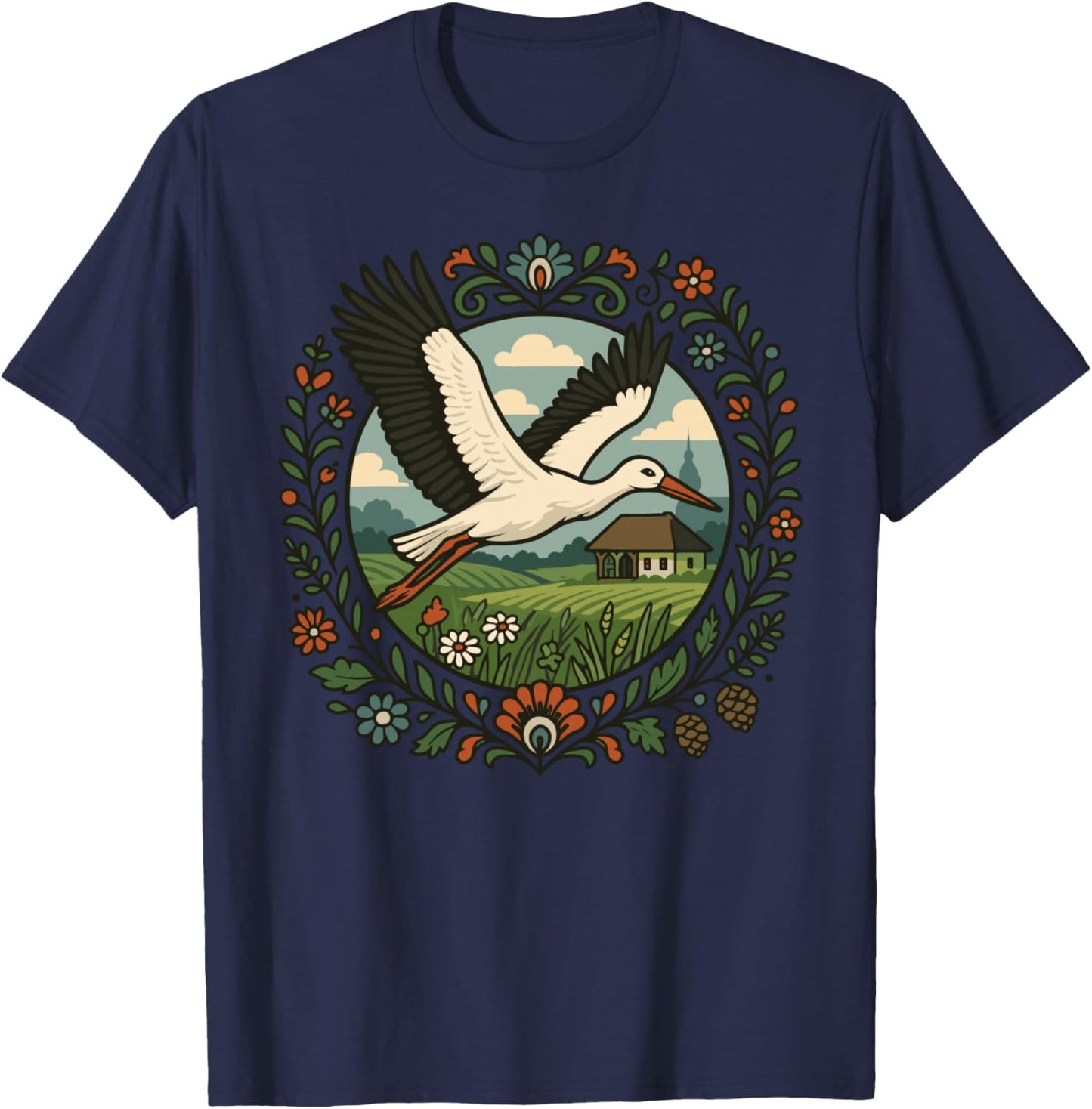 Folk Stork Flying Polish Village Nature Flower Art T-Shirt - T-Shirt | Navy