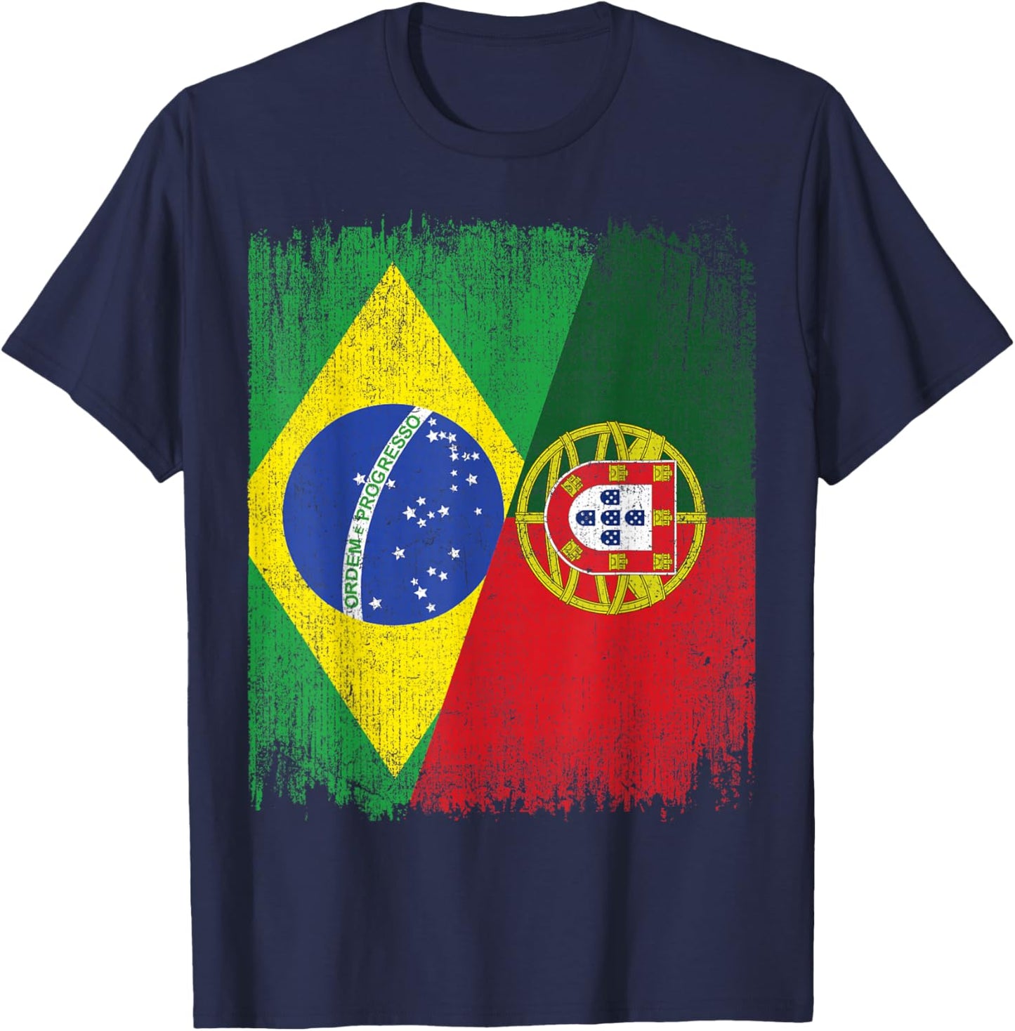 Half Brazil Portugal Split Flag Brazilian Portuguese Roots T-Shirt - T-Shirt | Navy