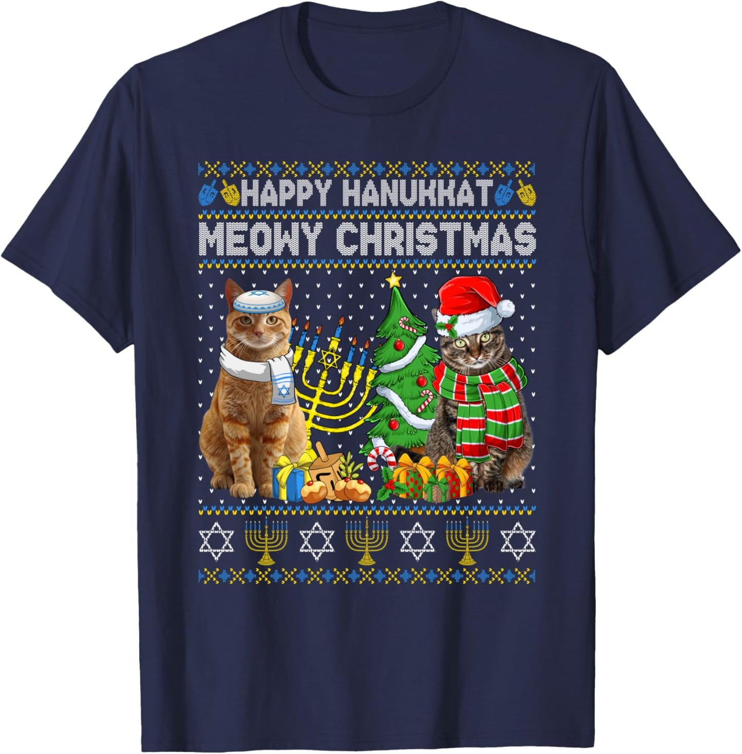 Happy Hanukkat Meowy Christmas Pajamas Ugly Sweater Cats T-Shirt - T-Shirt | Navy