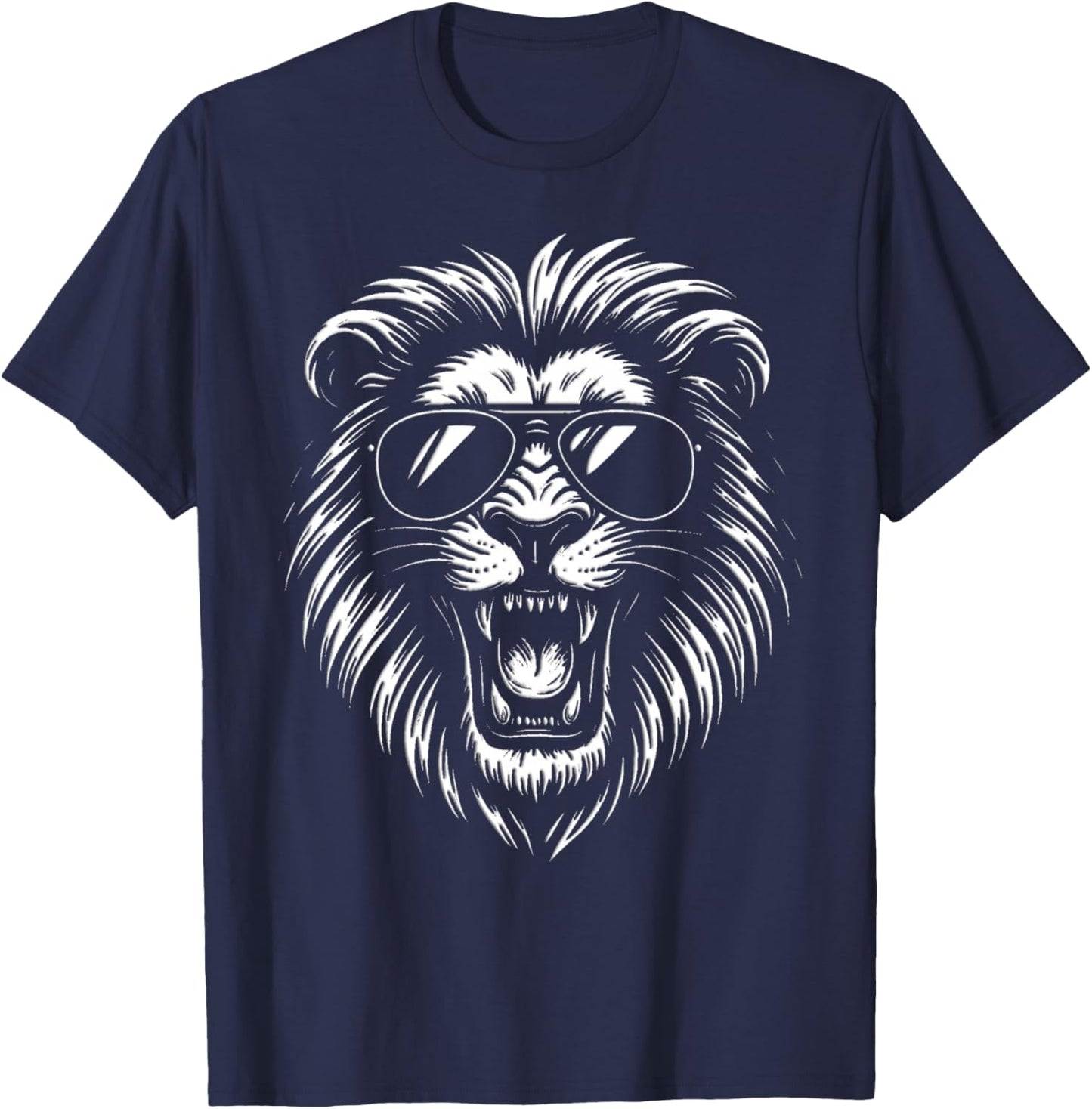 Roaring Lion With Sunglasses Bold Black And White Artwork T-Shirt - T-Shirt | Navy