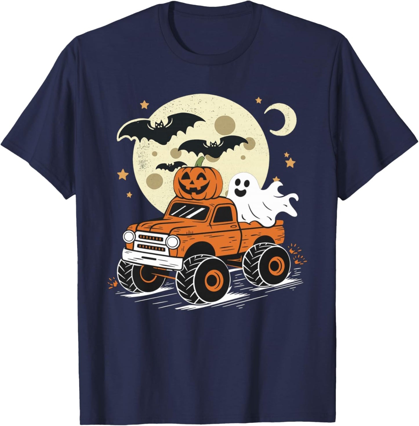 Monster Truck Ghost Pumpkin Halloween Women Kids T-Shirt - T-Shirt | Navy