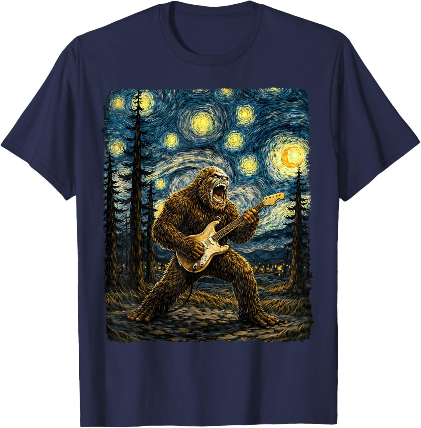 Bigfoot Playing Guitar in Starry Night Van Gogh Graphic T-Shirt - T-Shirt | Navy