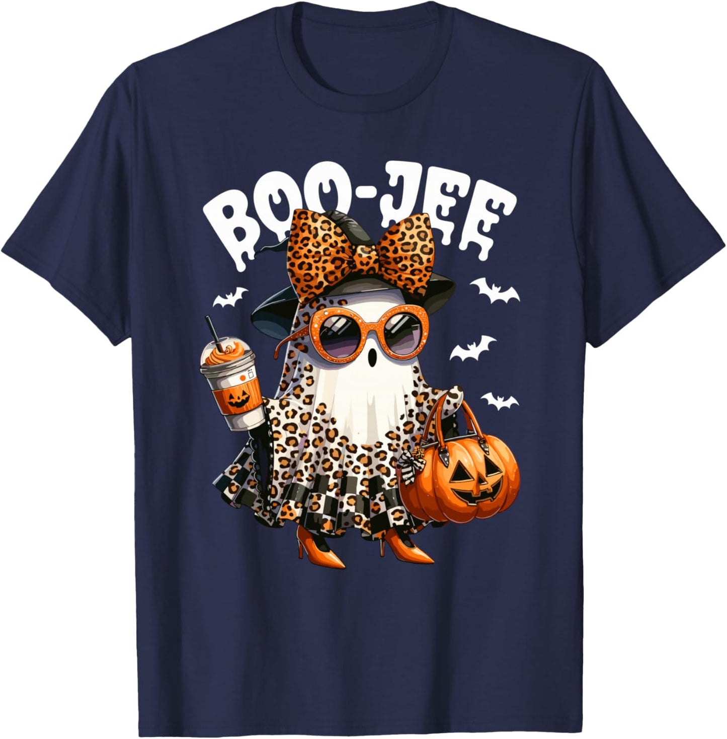 Boo Jee Ghost Boojee Leopard Bow Spooky Vibes Halloween T-Shirt - T-Shirt | Navy