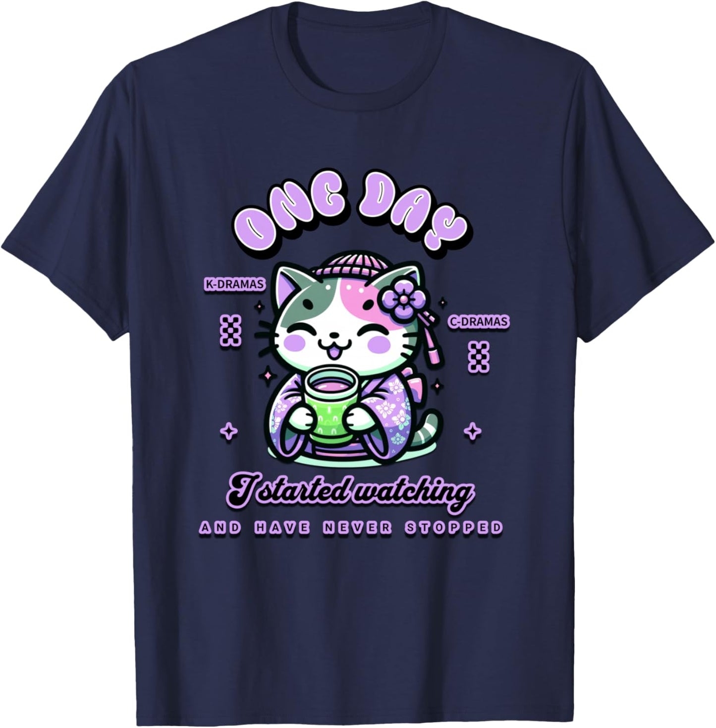Cute Cat Watching K-Dramas and C-Dramas T-Shirt - T-Shirt | Navy