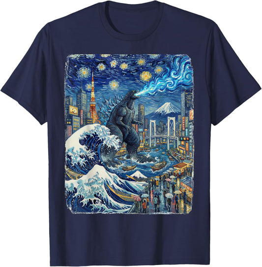 Kaiju Monster Japanese Anime Vangogh Painting Art Graphic T-Shirt - T-Shirt | Navy