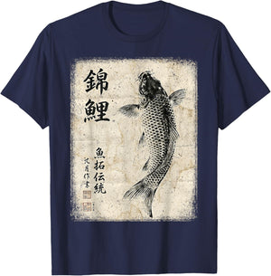 Tradition Japanese Calligraphy Art Sumi-e Gyotaku Koi Carp T-Shirt - T-Shirt | Navy