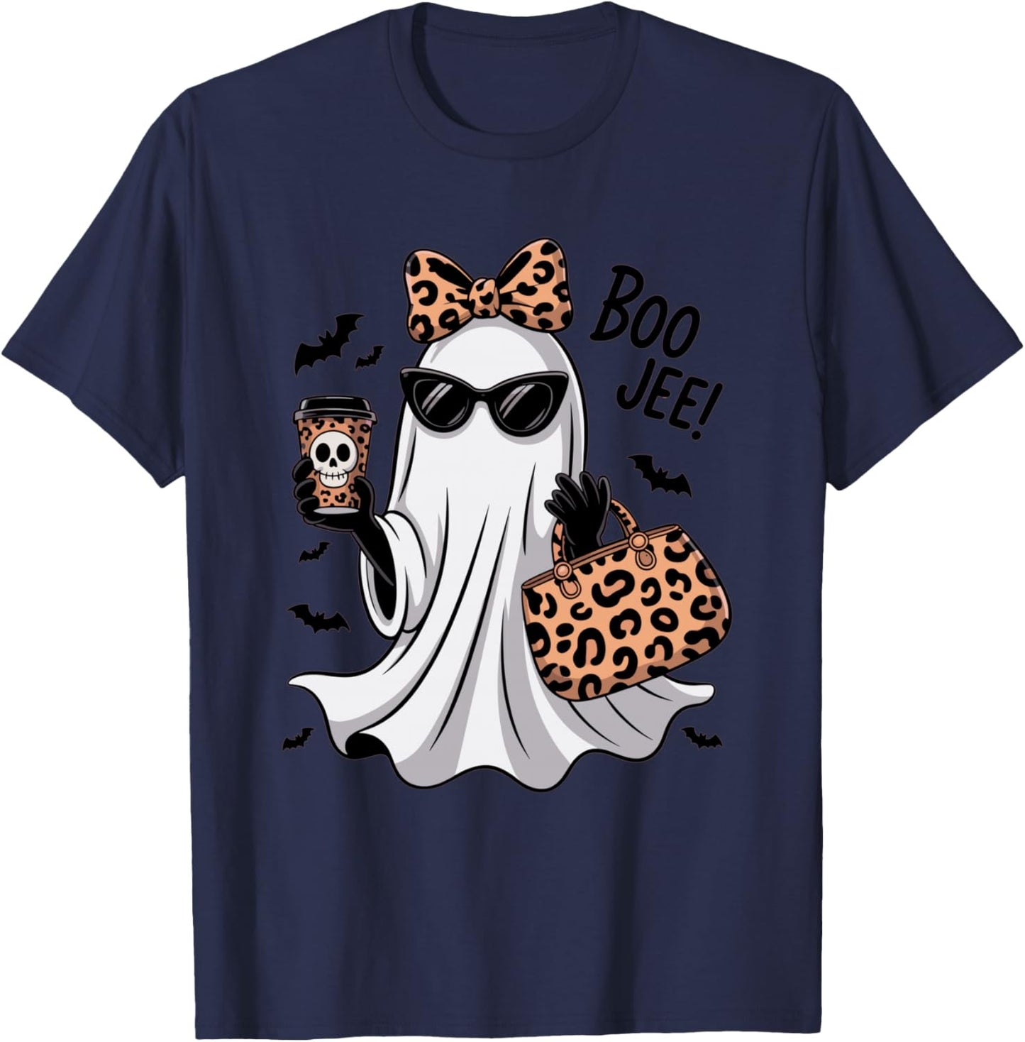 Coquette Leopard Ghost Coffee Boo JEE Halloween Boujee Ghost T-Shirt - T-Shirt | Navy
