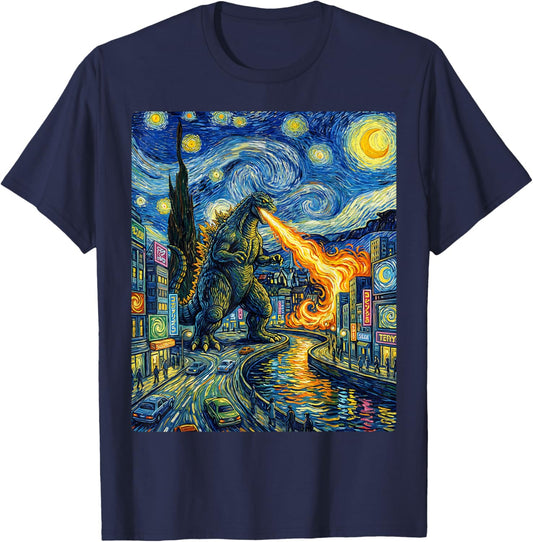 Kaiju Monster Japanese Vangogh starrynight City Vintage T-Shirt - T-Shirt | Navy