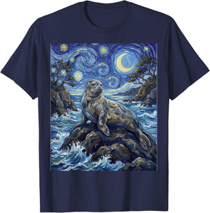Seal Starry Night Art Painting Style Seal Sea Lion T-Shirt - T-Shirt | Navy