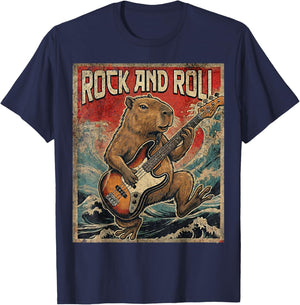 Capybara Playing Guitar Rock On Vintage Guitarist Capybara T-Shirt - T-Shirt | Navy