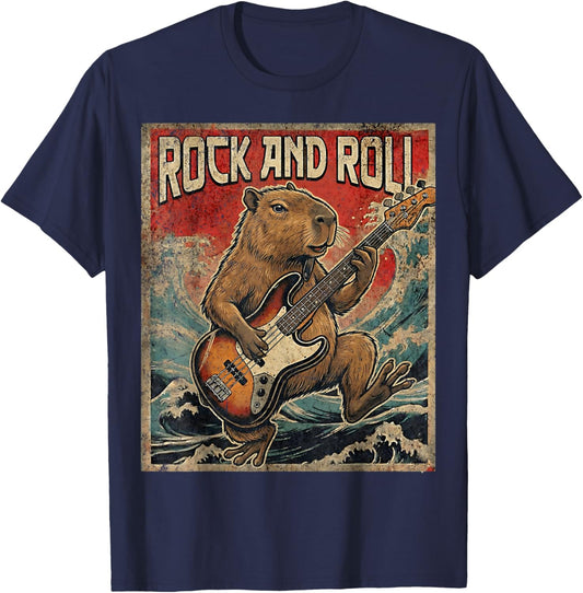 Capybara Playing Guitar Rock On Vintage Guitarist Capybara T-Shirt - T-Shirt | Navy
