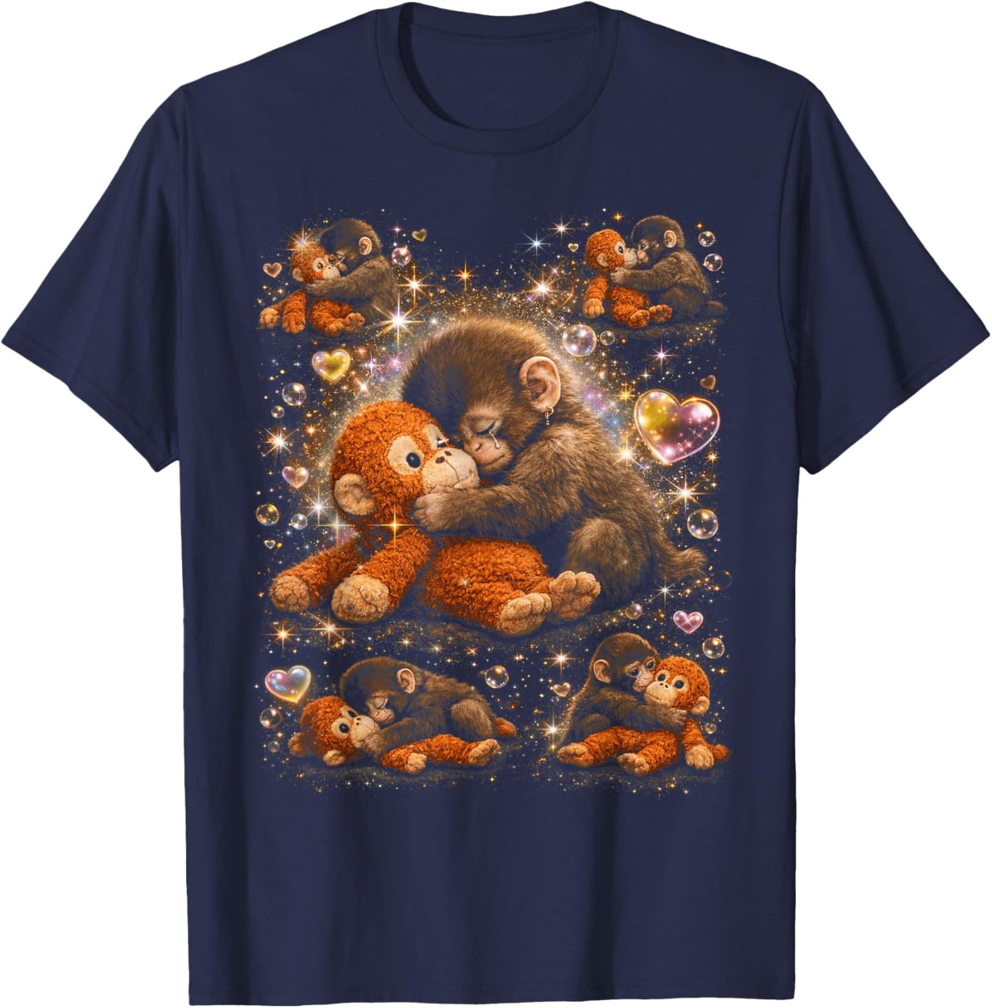 Baby Monkey Cute Punch Hugging Plush T-Shirt - T-Shirt | Navy