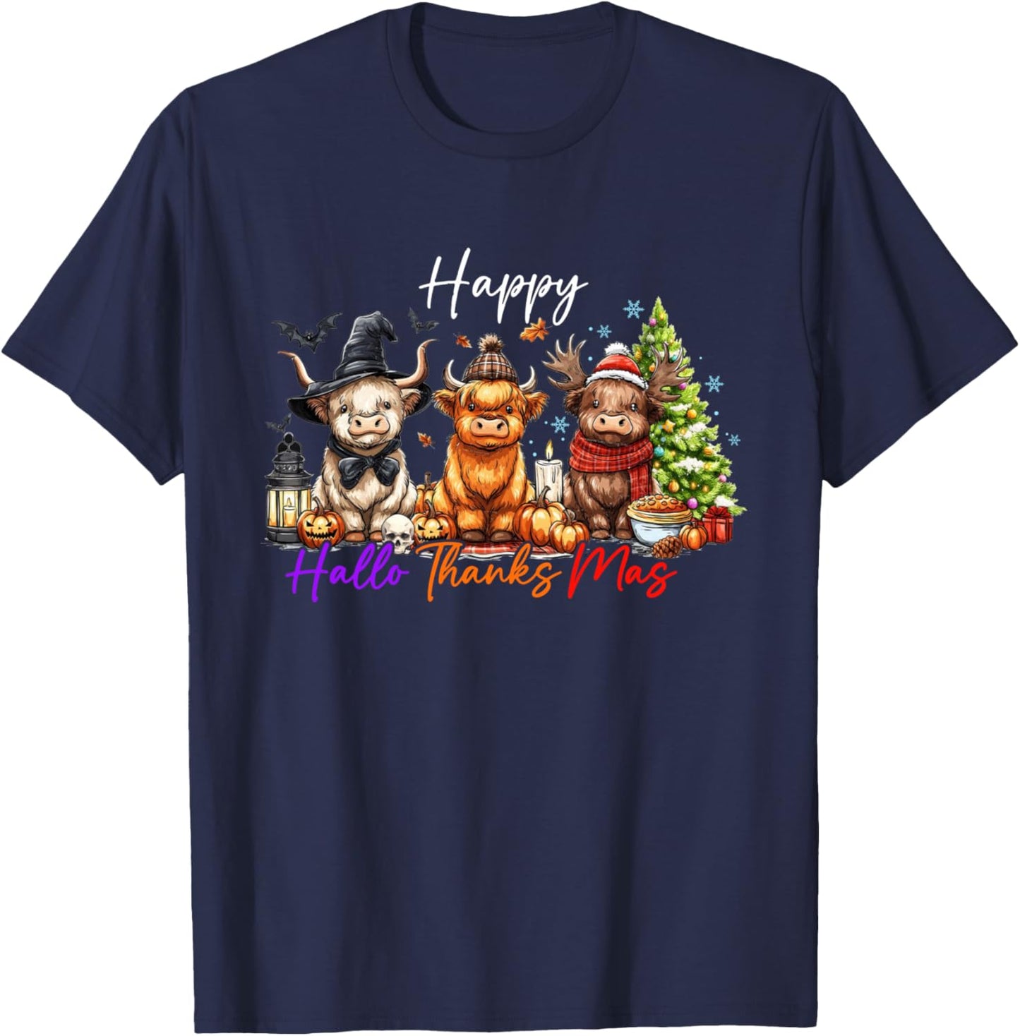 Happy Hallothanksmas Cute Highland Cow Halloween Christmas T-Shirt - T-Shirt | Navy