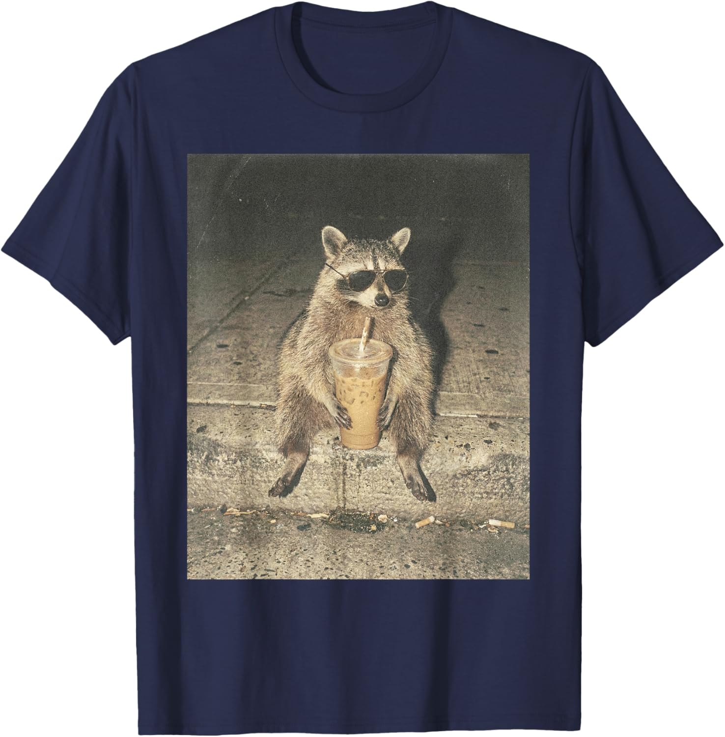 Funny Raccoon Drinking Iced Coffee Unhinged Meme Graphic T-Shirt - T-Shirt | Navy