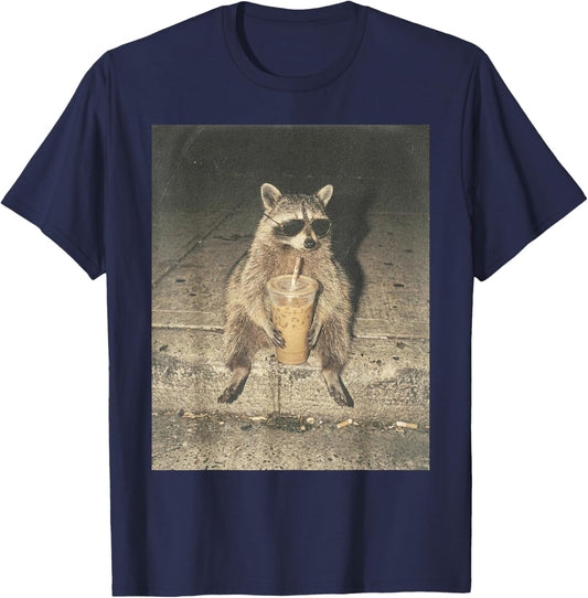 Funny Raccoon Drinking Iced Coffee Unhinged Meme Graphic T-Shirt - T-Shirt | Navy