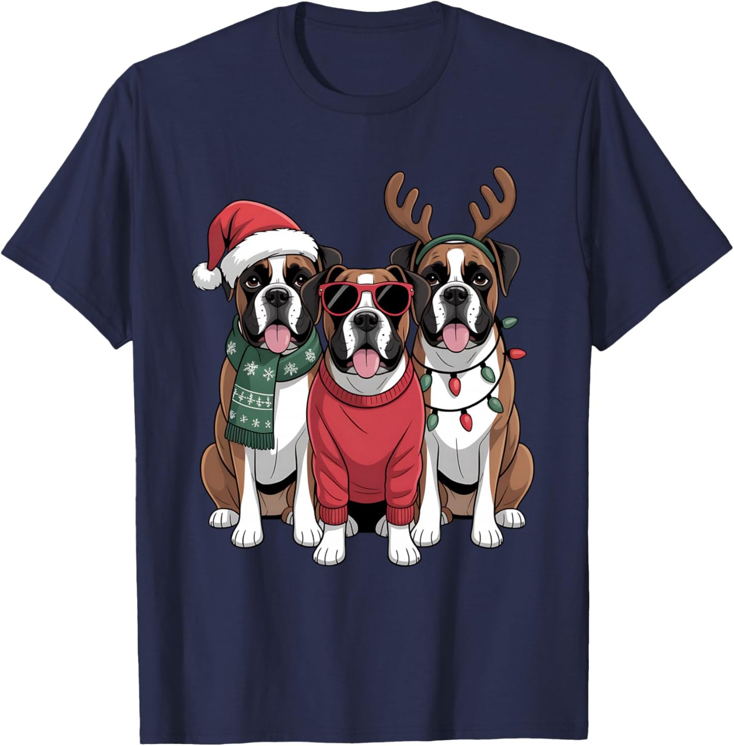 Boxer Dogs Christmas Santa Hat Xmas Boxer Dog Lover Holiday T-Shirt - T-Shirt | Navy