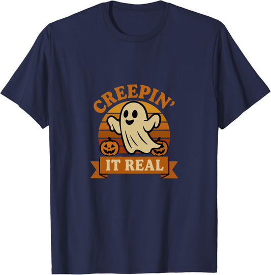 Creepin It Real Retro Ghost Funny Halloween Design T-Shirt - T-Shirt | Navy