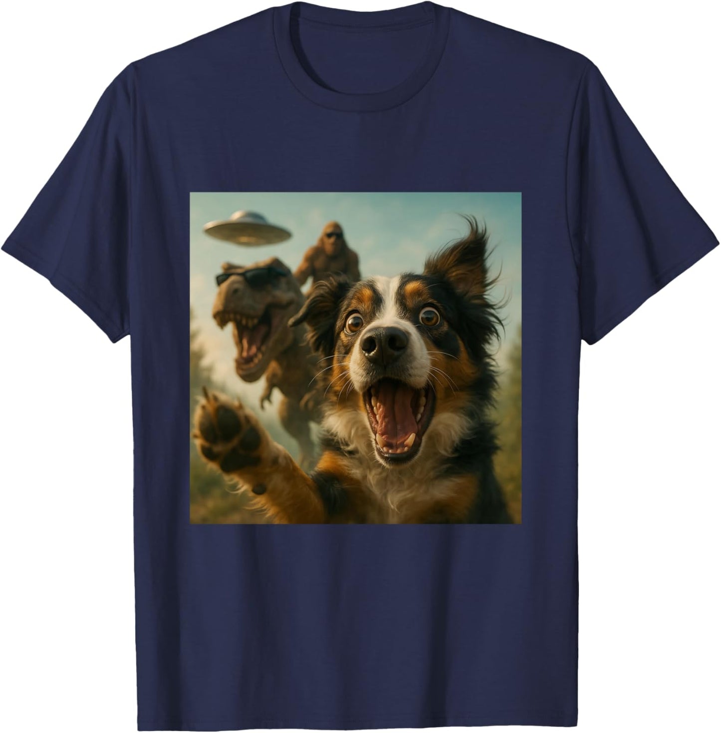 Shocked Australian Shepherd Dog T-Rex Bigfoot UFO Selfie T-Shirt - T-Shirt | Navy