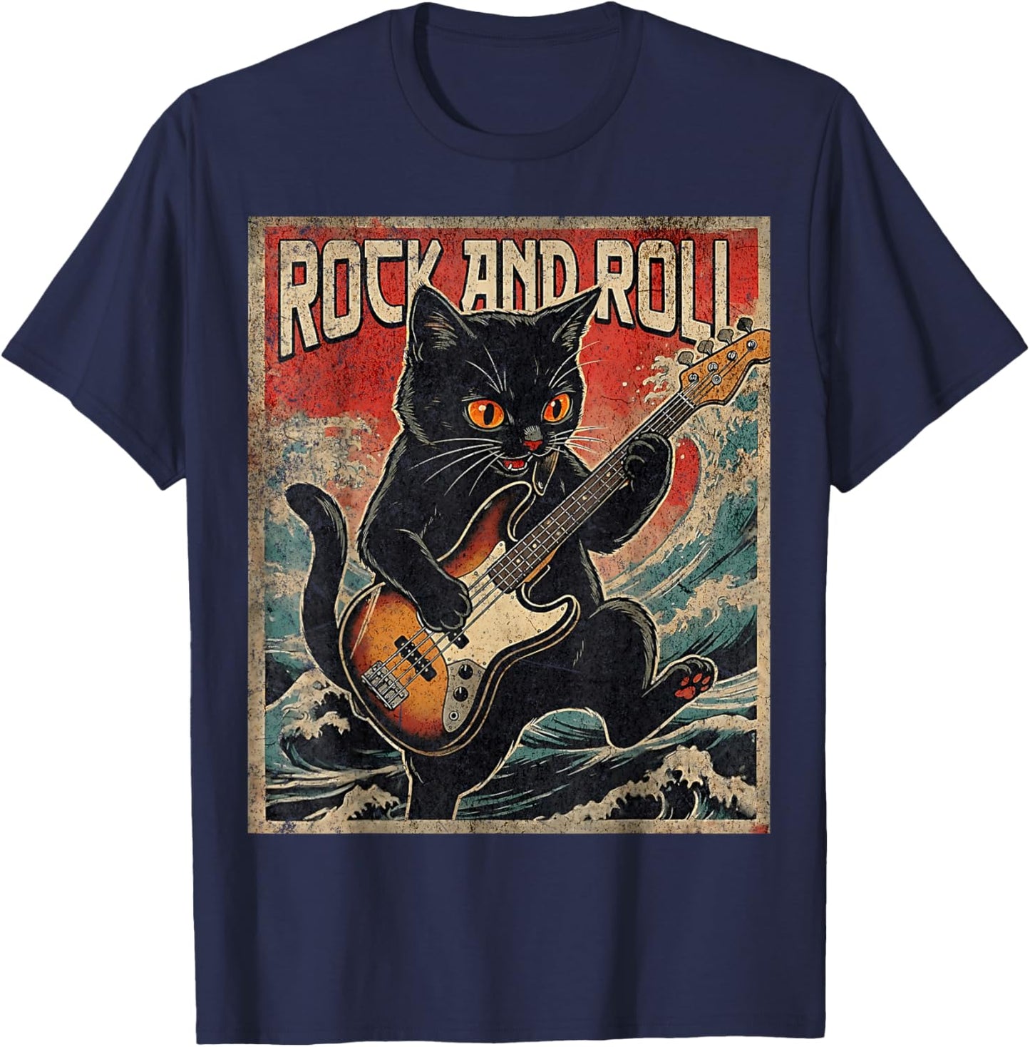 Cat Playing Bass Guitar Rock On Vintage Rock Guitarist Cat T-Shirt - T-Shirt | Navy