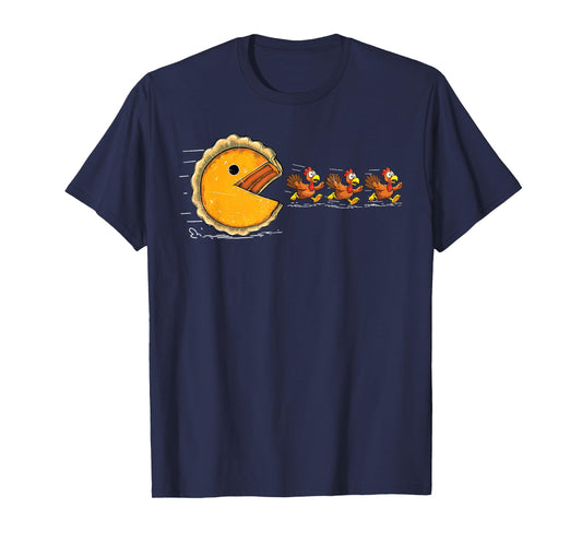 Retro Pumpkin Pie Chasing Turkey Funny Gamer Thanksgiving T-Shirt