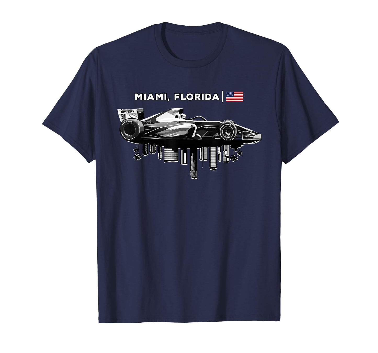 Miami Florida Racing Car Silhouette USA Flag T-Shirt