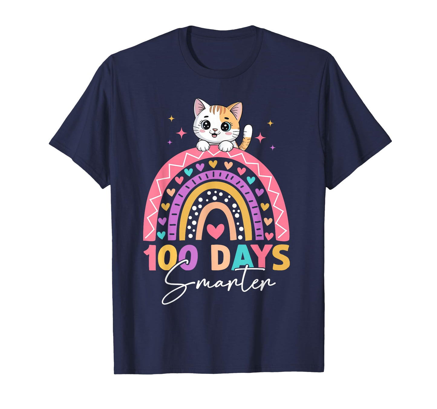 Rainbow 100 Days Smarter Cat Happy 100th Day of School Kids T-Shirt