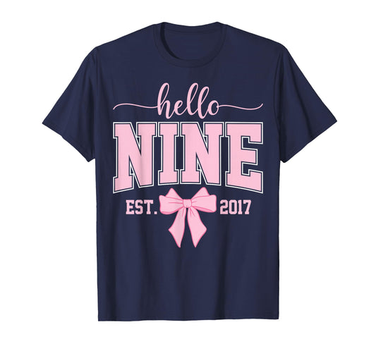 Hello Nine Est 2017 Coquette Bow 9th Birthday Girl T-Shirt